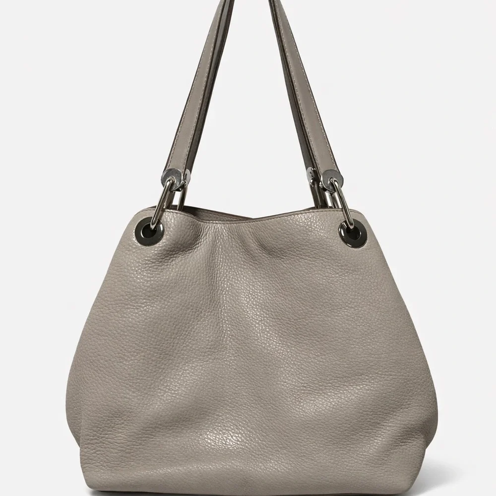 Michael Kors Raven Large Pebbled Leather Shoulder Bag Taupe Silver Hardware